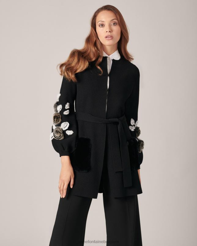 Anne Fontaine vrouwen shada vest gebreid vest met blousonmouwen en gebloemde bontdetails kleding zwart 06TRT435