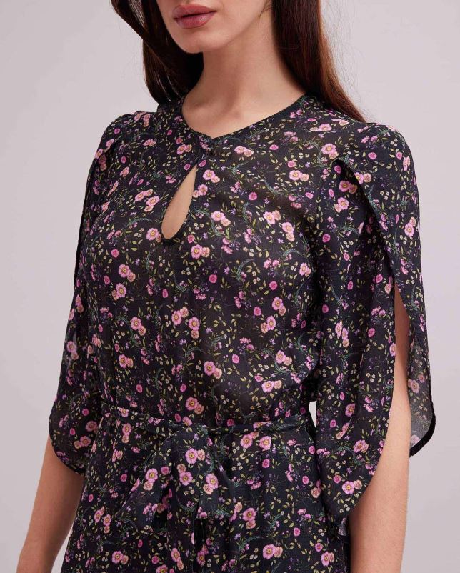 Anne Fontaine vrouwen Biscaye-jurk, maxi-jurk met bloemenprint en fladdermouwen kleding zwart 06TRT117