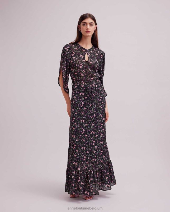Anne Fontaine vrouwen Biscaye-jurk, maxi-jurk met bloemenprint en fladdermouwen kleding zwart 06TRT117