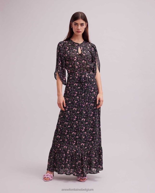 Anne Fontaine vrouwen Biscaye-jurk, maxi-jurk met bloemenprint en fladdermouwen kleding zwart 06TRT117