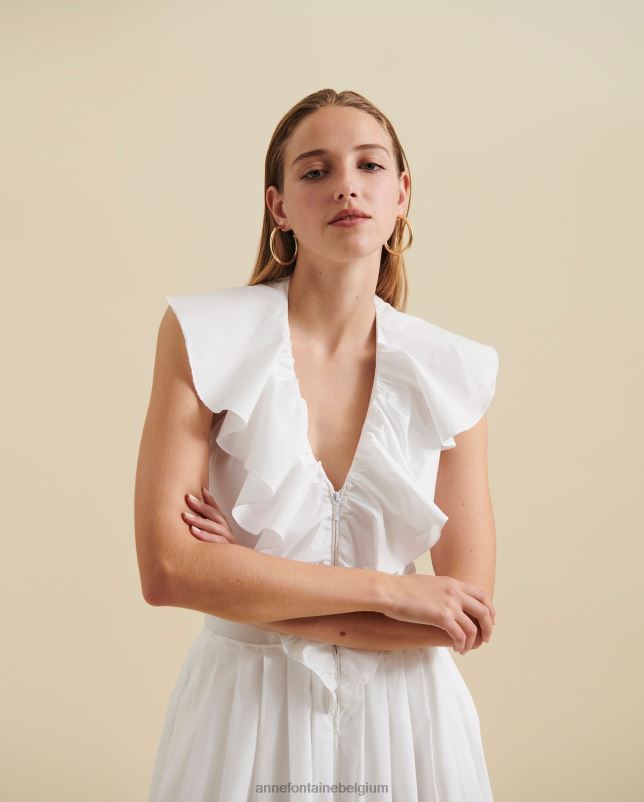 Anne Fontaine vrouwen Cannes jurk, midi-jurk, geplooide ruches, V-hals, open rug en katoenen popeline kleding wit 06TRT81