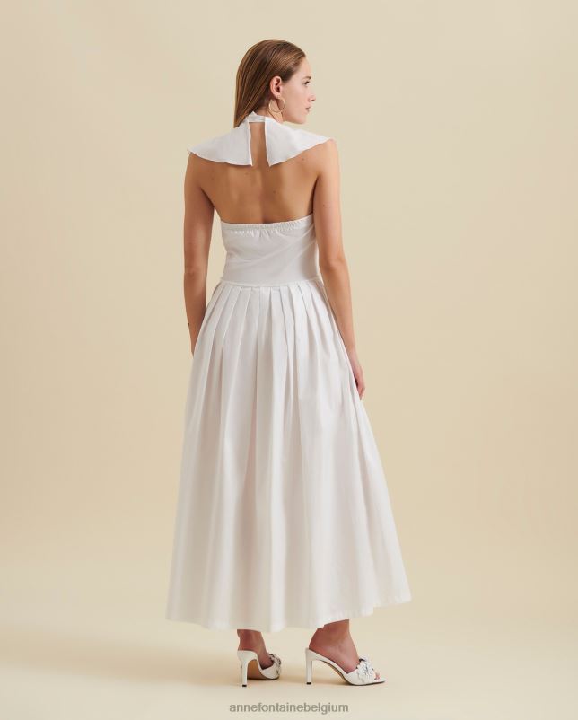 Anne Fontaine vrouwen Cannes jurk, midi-jurk, geplooide ruches, V-hals, open rug en katoenen popeline kleding wit 06TRT81