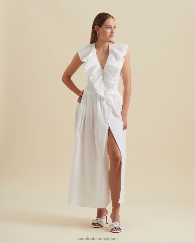 Anne Fontaine vrouwen Cannes jurk, midi-jurk, geplooide ruches, V-hals, open rug en katoenen popeline kleding wit 06TRT81