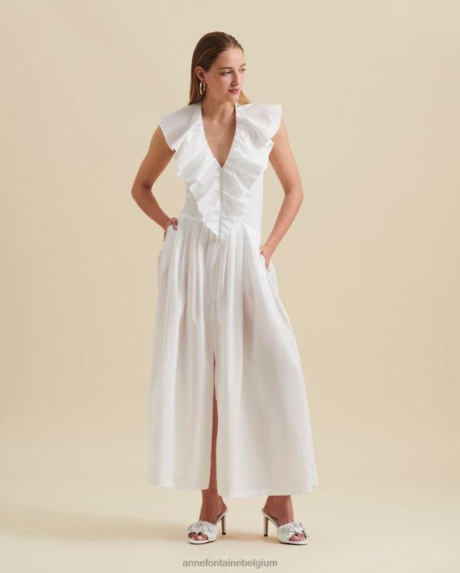 Anne Fontaine vrouwen Cannes jurk, midi-jurk, geplooide ruches, V-hals, open rug en katoenen popeline kleding wit 06TRT81