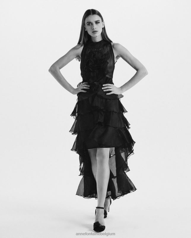 Anne Fontaine vrouwen Cheryl jurk lange hoog-laag zijden organza jurk met ruches kleding zwart 06TRT90