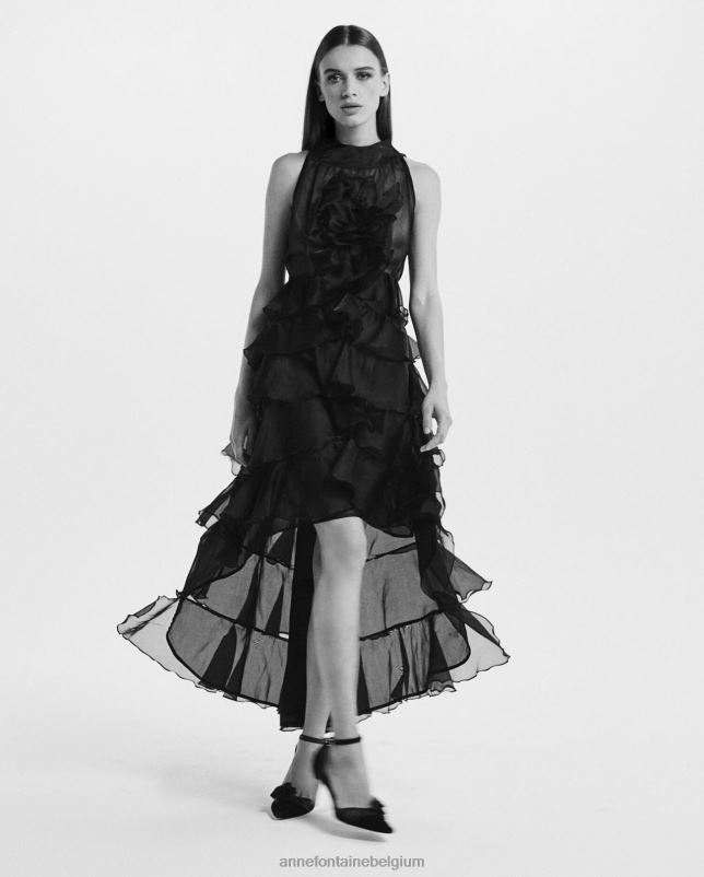 Anne Fontaine vrouwen Cheryl jurk lange hoog-laag zijden organza jurk met ruches kleding zwart 06TRT90