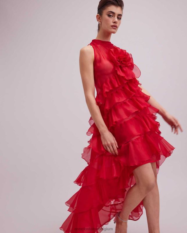Anne Fontaine vrouwen Cheryl jurk lange rode hoog-laag zijden organza jurk met ruches kleding tango rood 06TRT105
