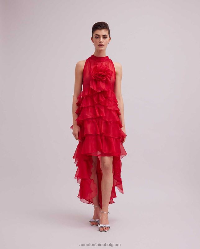 Anne Fontaine vrouwen Cheryl jurk lange rode hoog-laag zijden organza jurk met ruches kleding tango rood 06TRT105