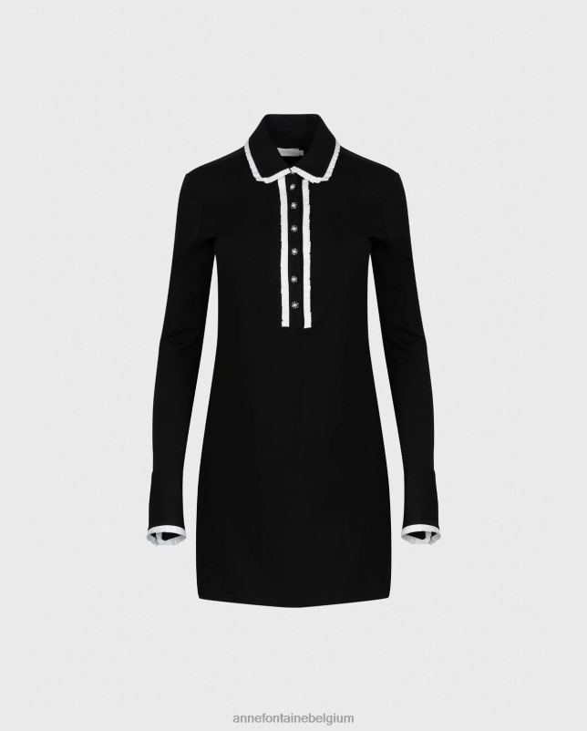 Anne Fontaine vrouwen Estampe jurk met lange mouwen, klassieke kraag en halve knoopsluiting met geplooide randen kleding zwart 06TRT99