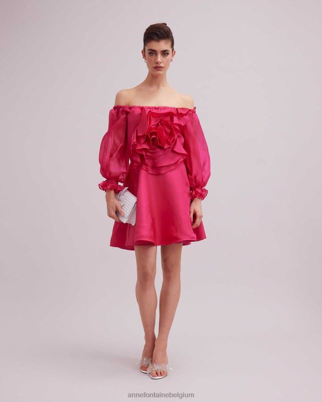 Anne Fontaine vrouwen Jurk met bloemenprint, off-the-shoulder zijden organza-jurk met grote 3D-roos kleding fuchsia 06TRT65