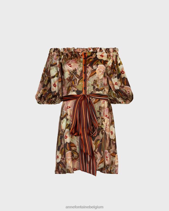 Anne Fontaine vrouwen Kokerjurk, zijden off-shoulderjurk met bloemenprint, contrasterende knoopsluiting en riem kleding bruin 06TRT120