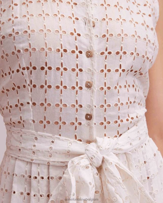 Anne Fontaine vrouwen Lange crèmekleurige jurk met geborduurd oogje, mouwloze overhemdjurk met tailleriem kleding of helder 06TRT58