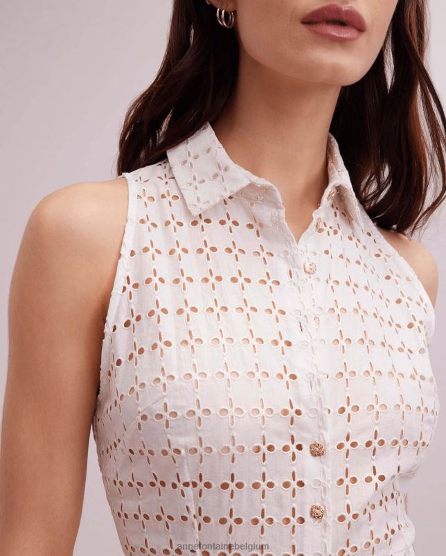 Anne Fontaine vrouwen Lange crèmekleurige jurk met geborduurd oogje, mouwloze overhemdjurk met tailleriem kleding of helder 06TRT58