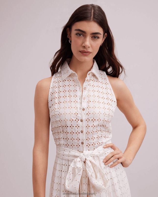 Anne Fontaine vrouwen Lange crèmekleurige jurk met geborduurd oogje, mouwloze overhemdjurk met tailleriem kleding of helder 06TRT58
