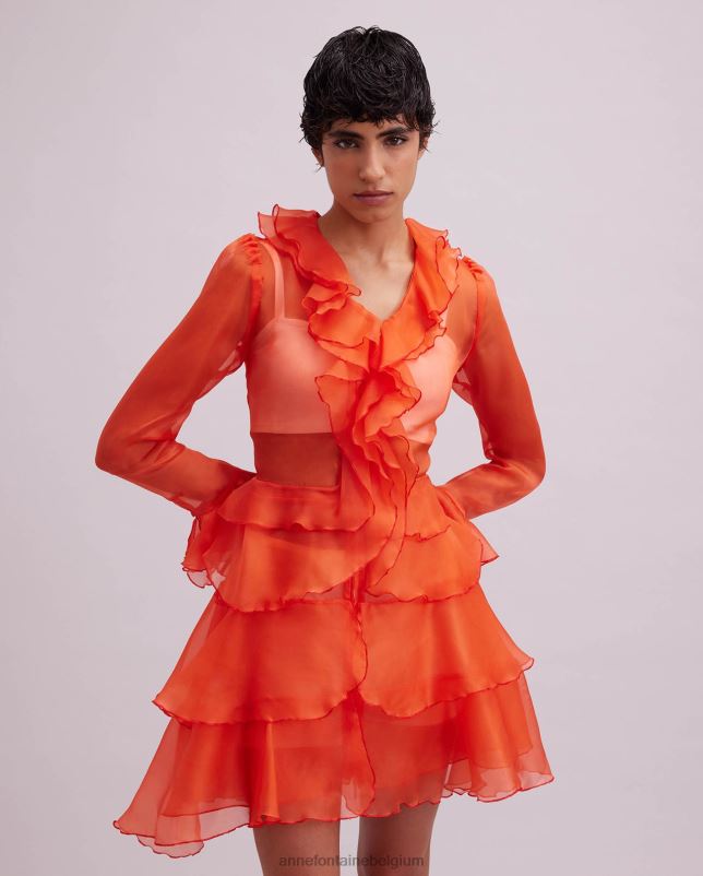 Anne Fontaine vrouwen Lavande overhemdjurk van zijden organza met lange mouwen en ruches kleding oranje 06TRT63