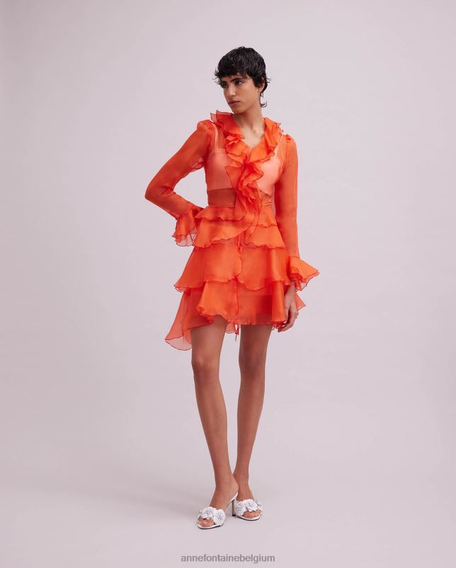 Anne Fontaine vrouwen Lavande overhemdjurk van zijden organza met lange mouwen en ruches kleding oranje 06TRT63