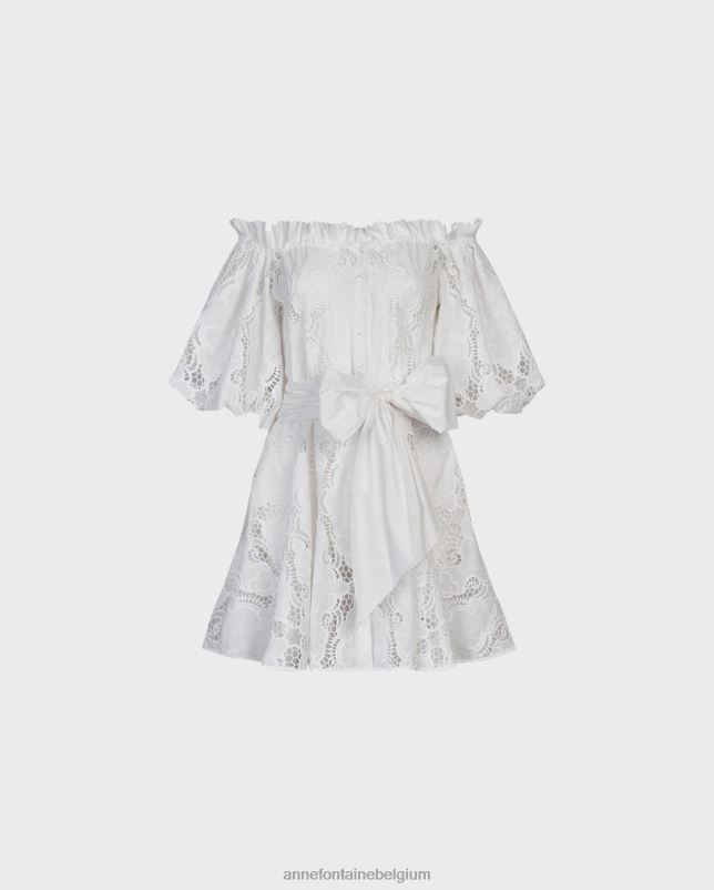 Anne Fontaine vrouwen Riviera-jurk Off-shoulder jurk met geborduurde oogjes en afneembare riem kleding wit 06TRT61