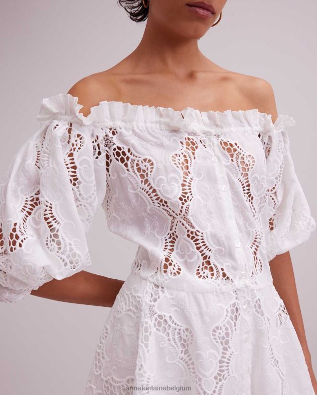 Anne Fontaine vrouwen Riviera-jurk Off-shoulder jurk met geborduurde oogjes en afneembare riem kleding wit 06TRT61