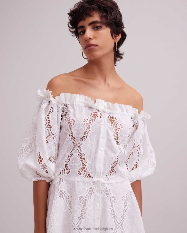 Anne Fontaine vrouwen Riviera-jurk Off-shoulder jurk met geborduurde oogjes en afneembare riem kleding wit 06TRT61