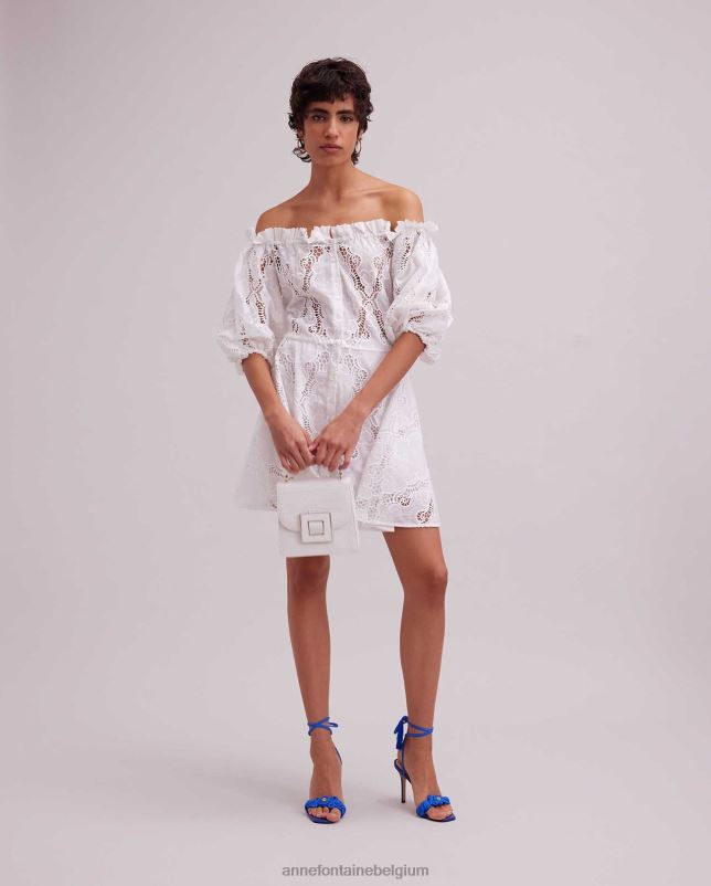 Anne Fontaine vrouwen Riviera-jurk Off-shoulder jurk met geborduurde oogjes en afneembare riem kleding wit 06TRT61