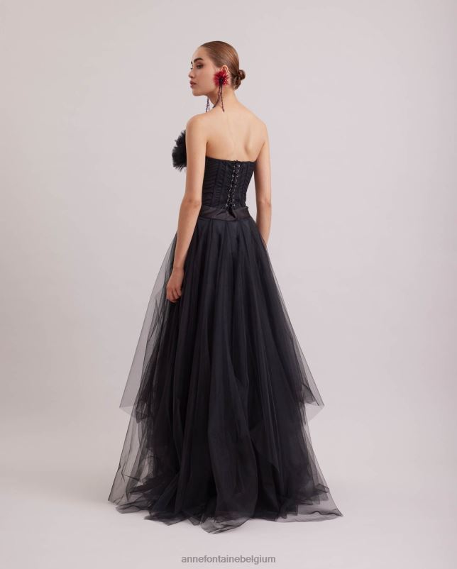 Anne Fontaine vrouwen Sièclejurk, lange strapless jurk van satijn en tule kleding zwart 06TRT107