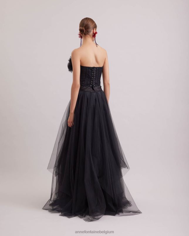 Anne Fontaine vrouwen Sièclejurk, lange strapless jurk van satijn en tule kleding zwart 06TRT107