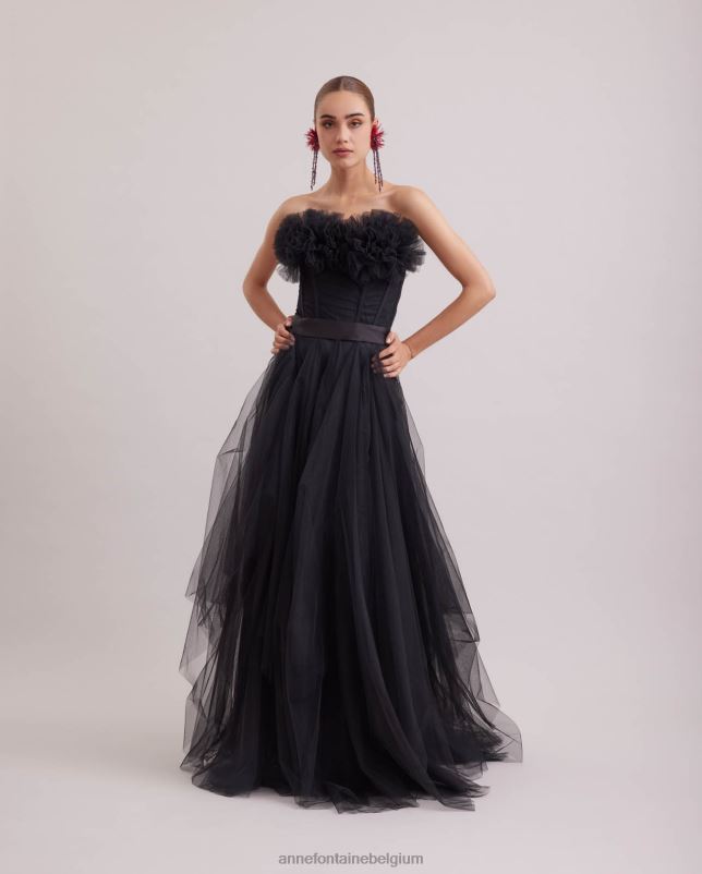 Anne Fontaine vrouwen Sièclejurk, lange strapless jurk van satijn en tule kleding zwart 06TRT107