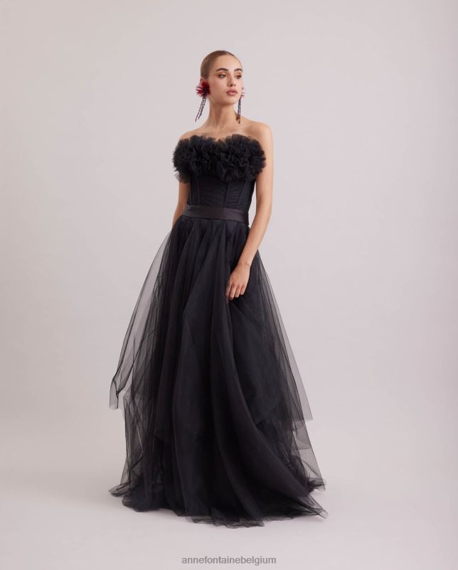 Anne Fontaine vrouwen Sièclejurk, lange strapless jurk van satijn en tule kleding zwart 06TRT107
