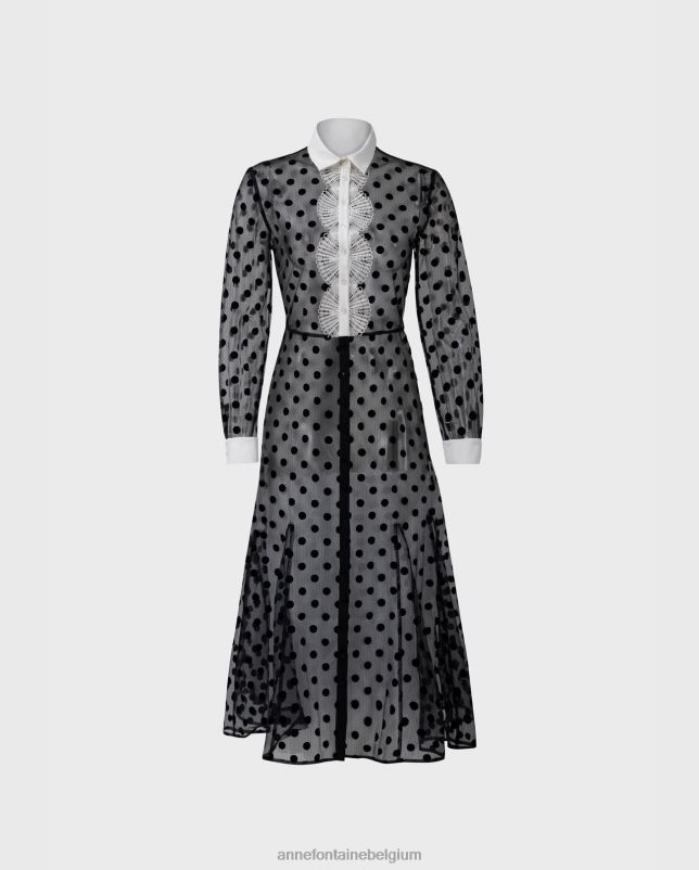 Anne Fontaine vrouwen Tangojurk van transparante mesh met lange mouwen en fluwelen stippen kleding zwart 06TRT111