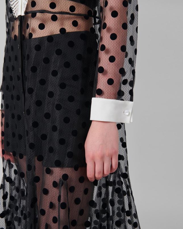 Anne Fontaine vrouwen Tangojurk van transparante mesh met lange mouwen en fluwelen stippen kleding zwart 06TRT111
