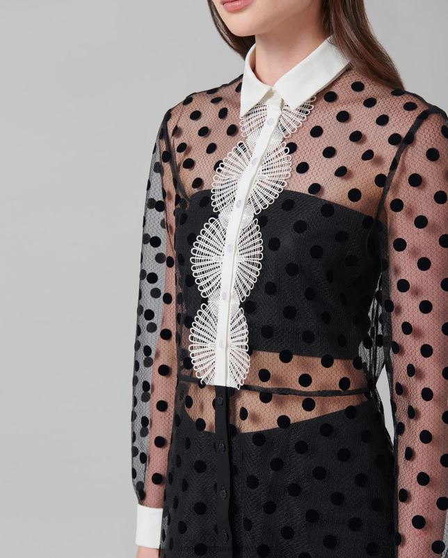 Anne Fontaine vrouwen Tangojurk van transparante mesh met lange mouwen en fluwelen stippen kleding zwart 06TRT111