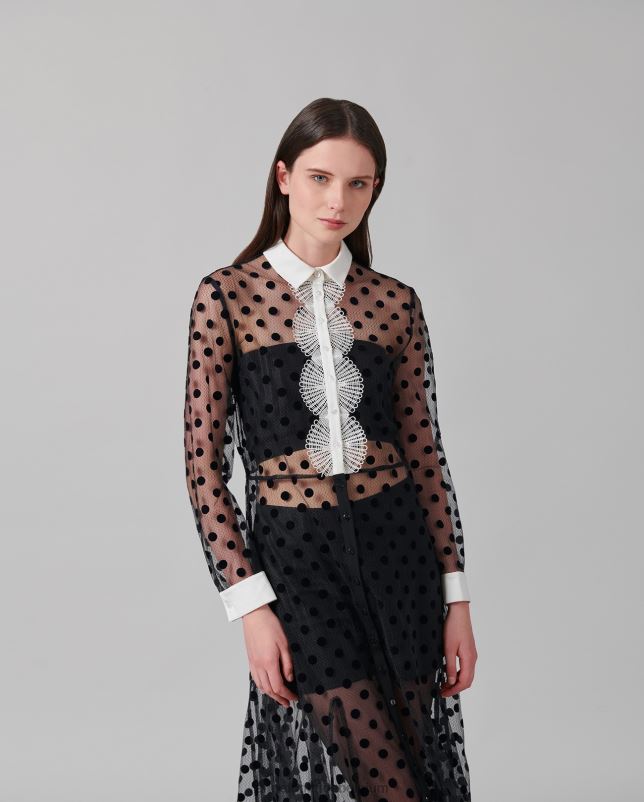 Anne Fontaine vrouwen Tangojurk van transparante mesh met lange mouwen en fluwelen stippen kleding zwart 06TRT111