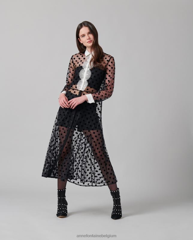 Anne Fontaine vrouwen Tangojurk van transparante mesh met lange mouwen en fluwelen stippen kleding zwart 06TRT111