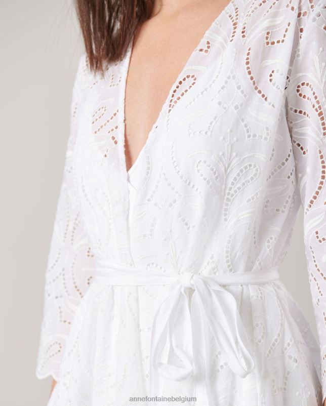 Anne Fontaine vrouwen Vetea-jurk, midi-jurk met geborduurde oogjes kleding wit 06TRT94