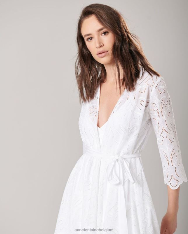 Anne Fontaine vrouwen Vetea-jurk, midi-jurk met geborduurde oogjes kleding wit 06TRT94