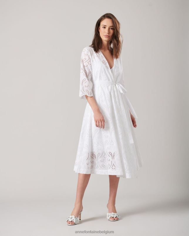 Anne Fontaine vrouwen Vetea-jurk, midi-jurk met geborduurde oogjes kleding wit 06TRT94