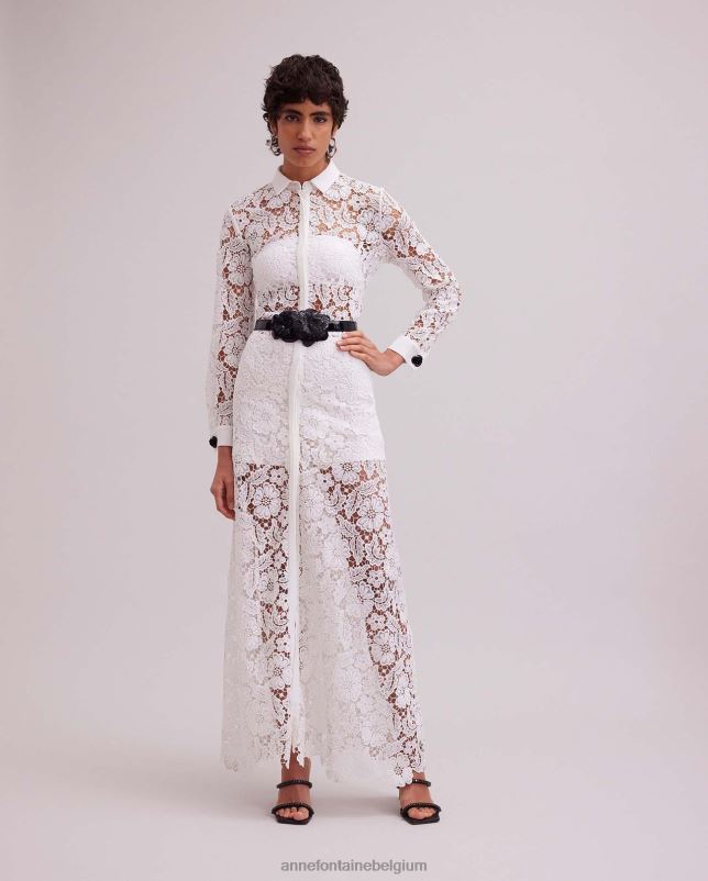 Anne Fontaine vrouwen Violeta jurk semi-transparante lange jurk met gebloemd kant kleding wit 06TRT72
