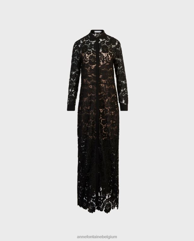 Anne Fontaine vrouwen Violeta jurk semi-transparante lange jurk met gebloemd kant kleding zwart 06TRT112