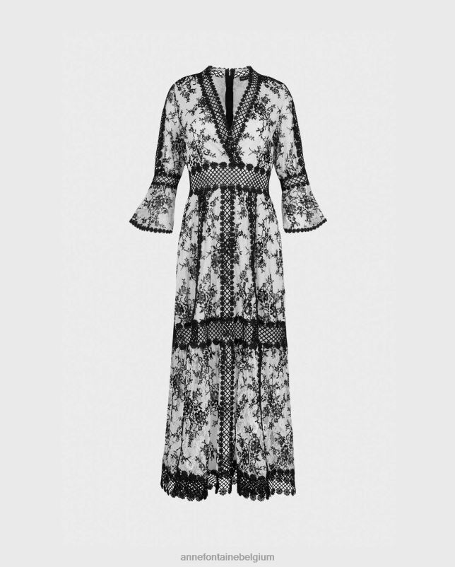 Anne Fontaine vrouwen amodio jurk lange jurk van gebloemd kant met ruches aan de mouwen en madeliefjesversieringen kleding zwart wit 06TRT80