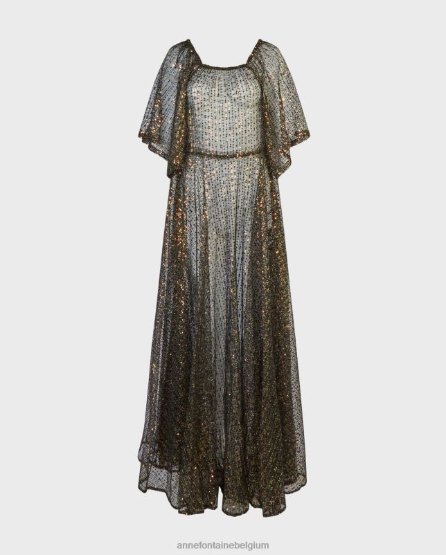Anne Fontaine vrouwen barokjurk, lange doorschijnende netgeborduurde jurk met iriserende pailletten kleding zwart 06TRT102