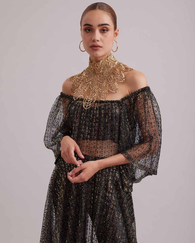 Anne Fontaine vrouwen barokjurk, lange doorschijnende netgeborduurde jurk met iriserende pailletten kleding zwart 06TRT102