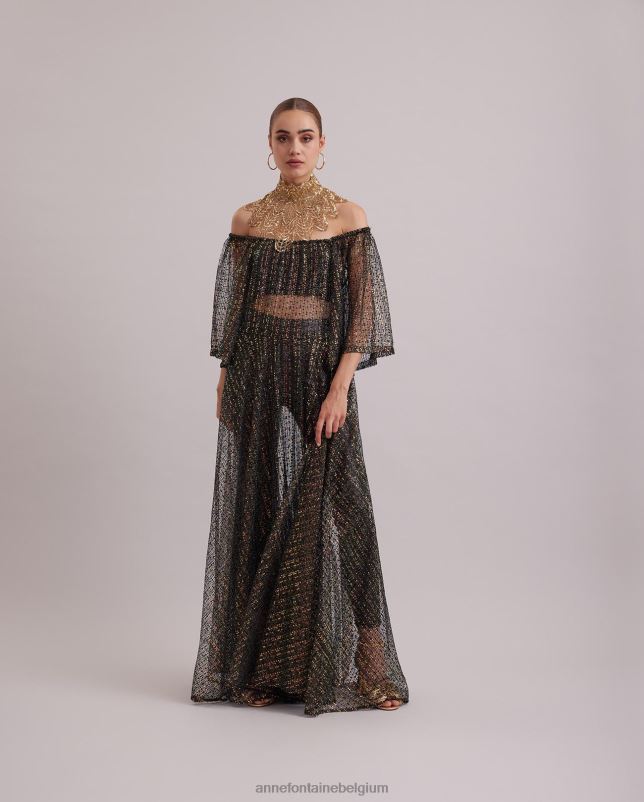 Anne Fontaine vrouwen barokjurk, lange doorschijnende netgeborduurde jurk met iriserende pailletten kleding zwart 06TRT102