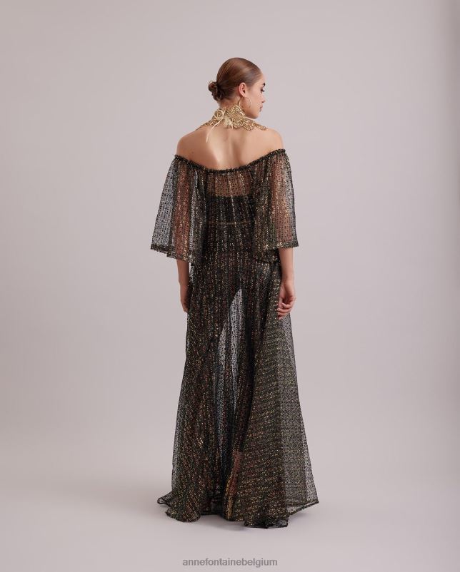 Anne Fontaine vrouwen barokjurk, lange doorschijnende netgeborduurde jurk met iriserende pailletten kleding zwart 06TRT102