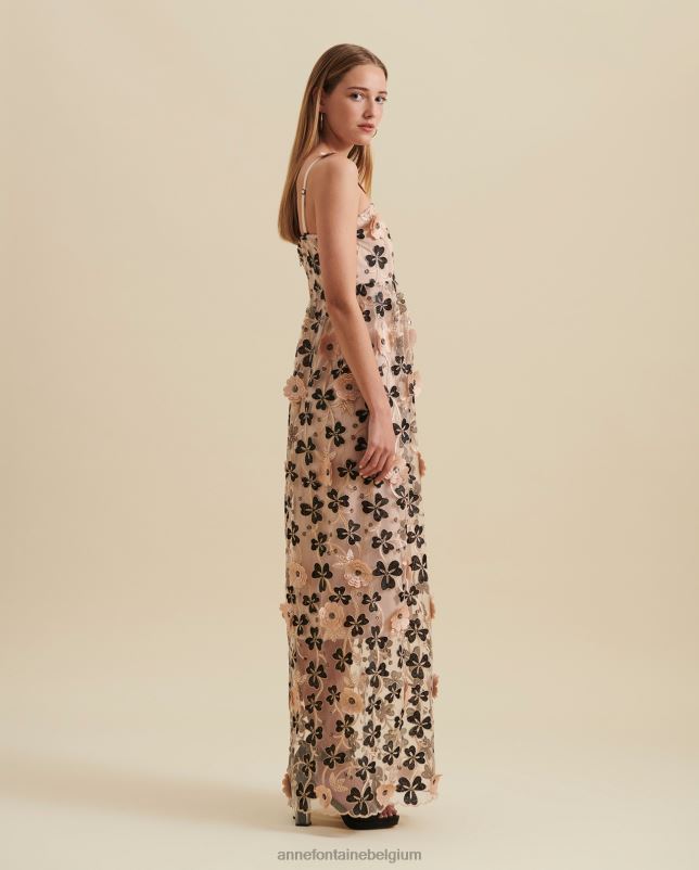 Anne Fontaine vrouwen belharra jurk lange semi-transparante jurk met 3D-bloemapplicaties kleding zwart/beige/goud 06TRT118
