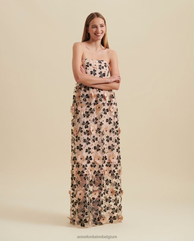 Anne Fontaine vrouwen belharra jurk lange semi-transparante jurk met 3D-bloemapplicaties kleding zwart/beige/goud 06TRT118