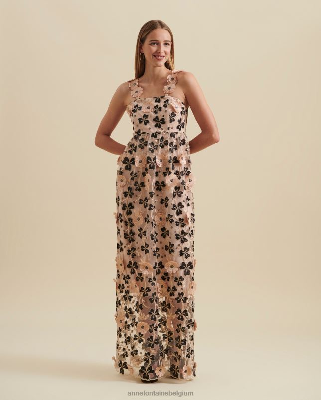 Anne Fontaine vrouwen belharra jurk lange semi-transparante jurk met 3D-bloemapplicaties kleding zwart/beige/goud 06TRT118