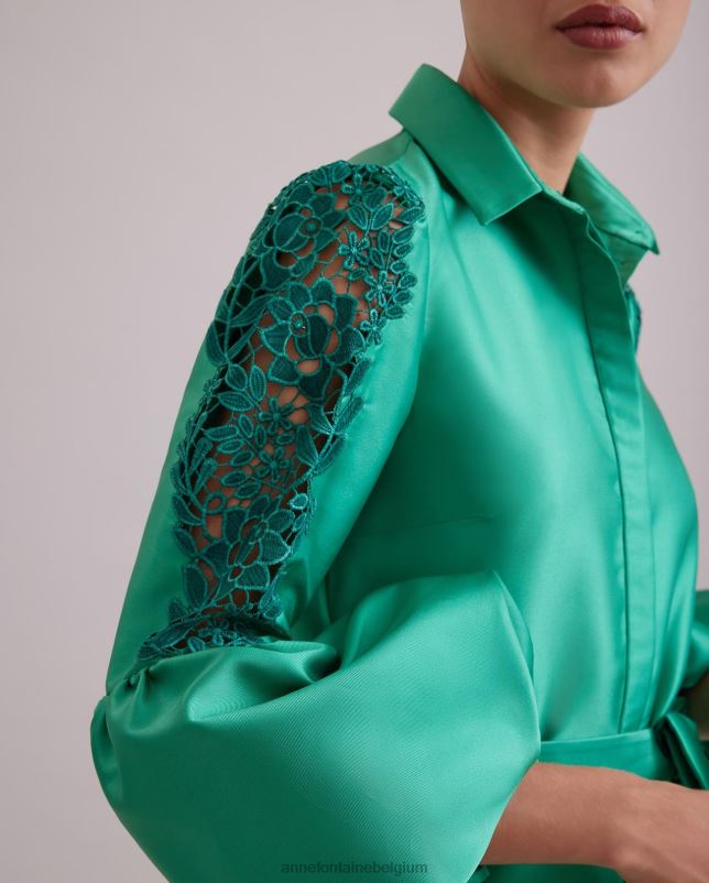 Anne Fontaine vrouwen comtesse jurk lange satijnen jurk met kanten pofmouwen kleding munt 06TRT109