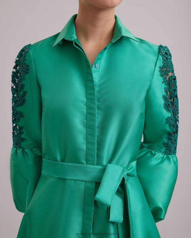 Anne Fontaine vrouwen comtesse jurk lange satijnen jurk met kanten pofmouwen kleding munt 06TRT109