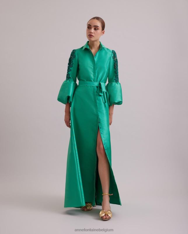Anne Fontaine vrouwen comtesse jurk lange satijnen jurk met kanten pofmouwen kleding munt 06TRT109
