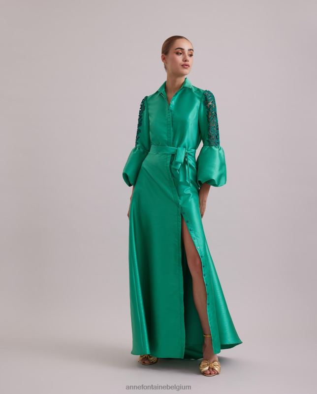Anne Fontaine vrouwen comtesse jurk lange satijnen jurk met kanten pofmouwen kleding munt 06TRT109